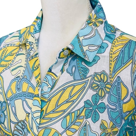 J McLaughlin Women’s Linen Shirt Aqua Yellow Tropical Print Button Down NWT $188 - Picture 4 of 15